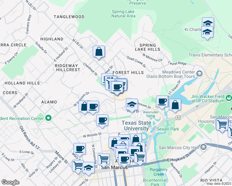 map of restaurants, bars, coffee shops, grocery stores, and more near 700 North LBJ Drive in San Marcos