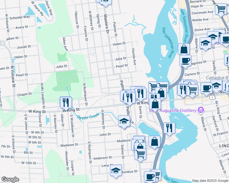 map of restaurants, bars, coffee shops, grocery stores, and more near 80 Fred Waters Way in St. Augustine
