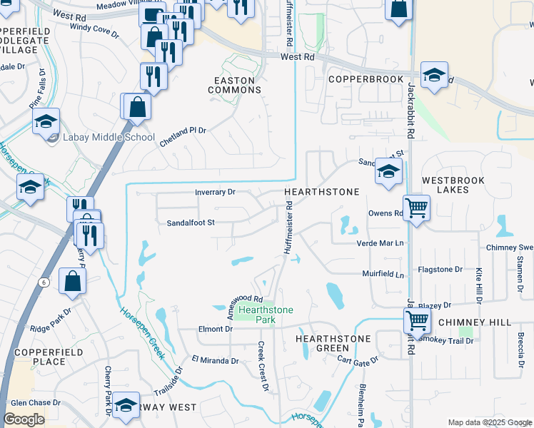 map of restaurants, bars, coffee shops, grocery stores, and more near 14727 Sandalfoot Street in Houston