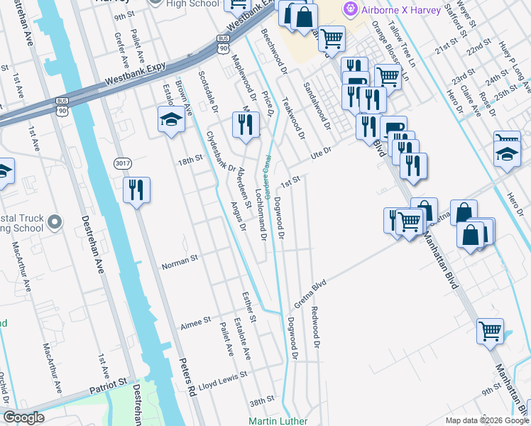 map of restaurants, bars, coffee shops, grocery stores, and more near 1340 Dogwood Drive in Harvey