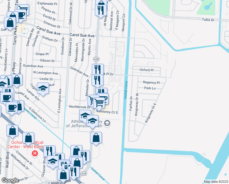 map of restaurants, bars, coffee shops, grocery stores, and more near 2904 North Monterey Court in Terrytown