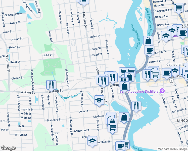 map of restaurants, bars, coffee shops, grocery stores, and more near 80 Fred Waters Way in St. Augustine