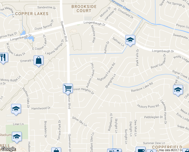 map of restaurants, bars, coffee shops, grocery stores, and more near 7607 Highland Farms Road in Houston