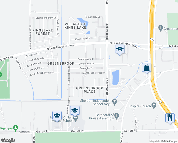 map of restaurants, bars, coffee shops, grocery stores, and more near 12411 Greensbrook Forest Drive in Houston