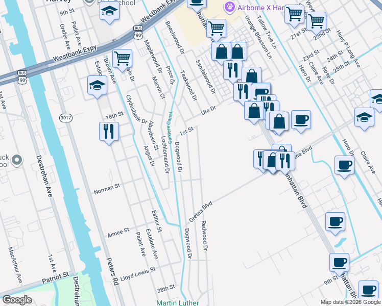 map of restaurants, bars, coffee shops, grocery stores, and more near 1337 Maplewood Drive in Harvey