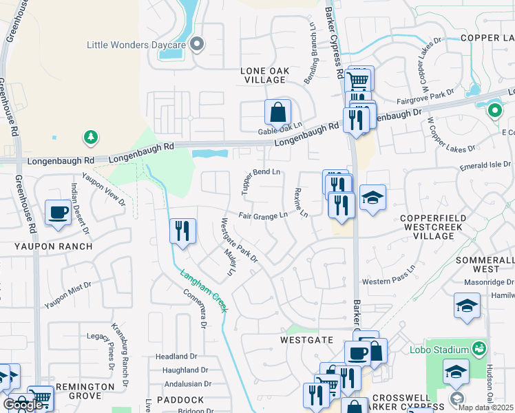 map of restaurants, bars, coffee shops, grocery stores, and more near 18227 Walden Gate Lane in Cypress