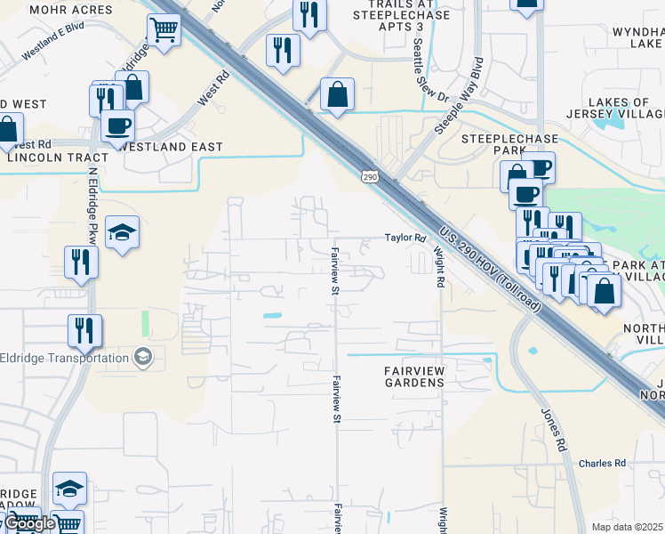 map of restaurants, bars, coffee shops, grocery stores, and more near 7911 Fairview Street in Houston