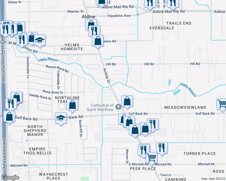 map of restaurants, bars, coffee shops, grocery stores, and more near 9135 Airline Drive in Houston