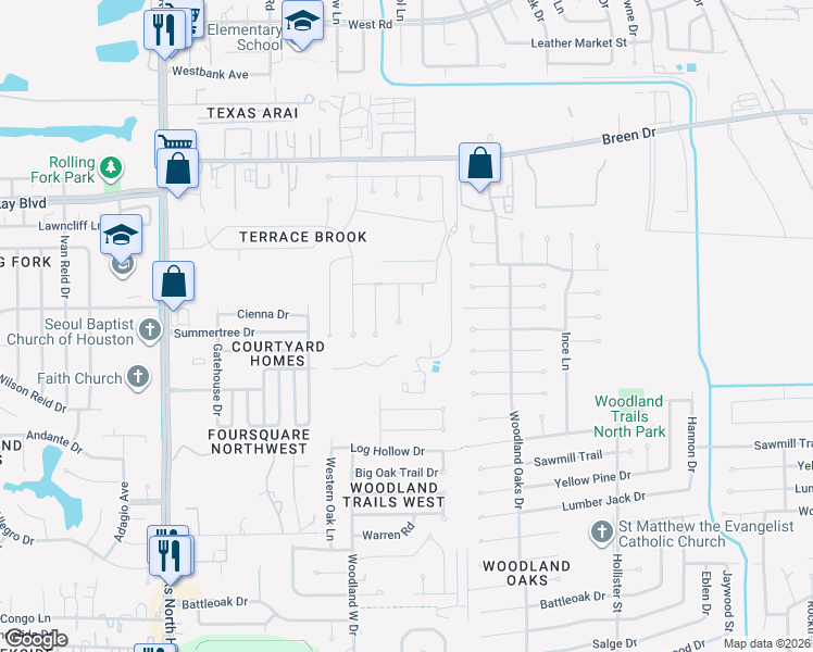 map of restaurants, bars, coffee shops, grocery stores, and more near 7802 Koloa River Court in Houston