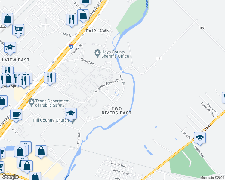 map of restaurants, bars, coffee shops, grocery stores, and more near 1980 Aquarena Springs Drive in San Marcos
