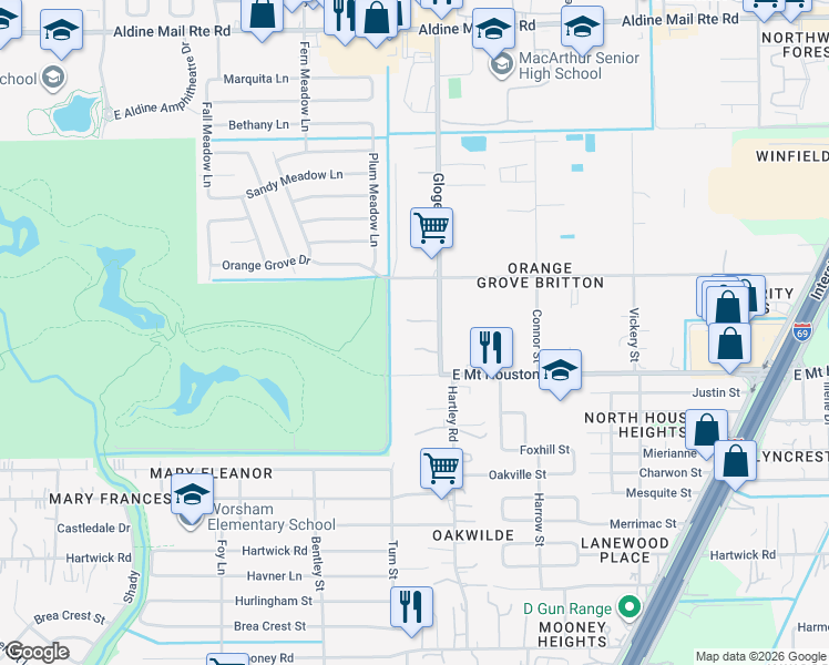 map of restaurants, bars, coffee shops, grocery stores, and more near 11715 Gloger Street in Houston
