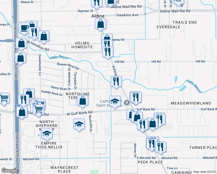 map of restaurants, bars, coffee shops, grocery stores, and more near 9215 Airline Drive in Houston