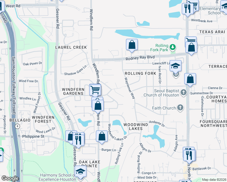 map of restaurants, bars, coffee shops, grocery stores, and more near 8227 Trica Court in Houston