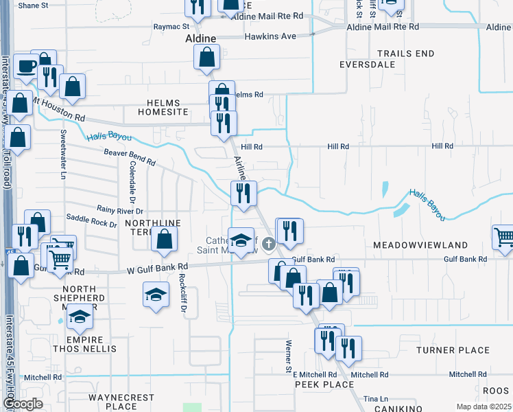 map of restaurants, bars, coffee shops, grocery stores, and more near 9135 Airline Drive in Houston