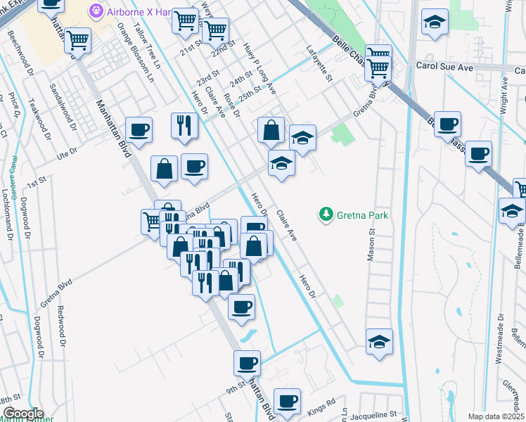 map of restaurants, bars, coffee shops, grocery stores, and more near 2998 Hero Drive in Gretna