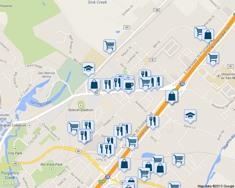 map of restaurants, bars, coffee shops, grocery stores, and more near 1400 Aquarena Springs Dr in San Marcos
