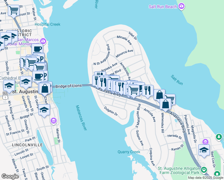 map of restaurants, bars, coffee shops, grocery stores, and more near 112 Florida A1A in St. Augustine