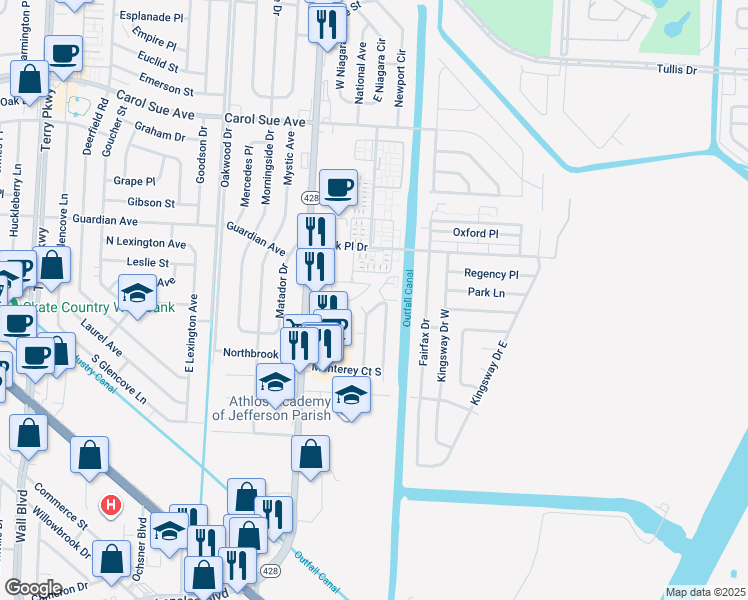 map of restaurants, bars, coffee shops, grocery stores, and more near 2900 North Monterey Court in Terrytown