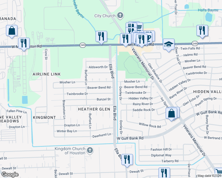 map of restaurants, bars, coffee shops, grocery stores, and more near 1902 Twinbrooke Drive in Houston