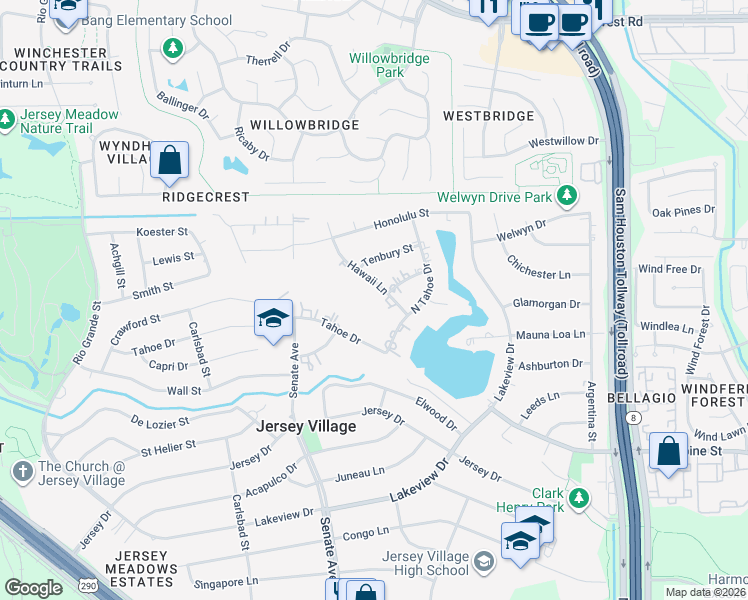 map of restaurants, bars, coffee shops, grocery stores, and more near 15814 Tahoe Drive in Jersey Village