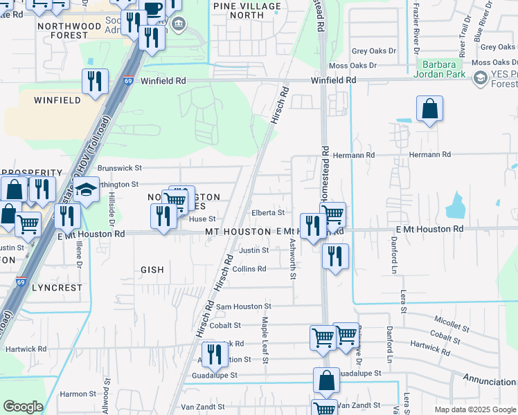 map of restaurants, bars, coffee shops, grocery stores, and more near 5702 Elberta Street in Houston