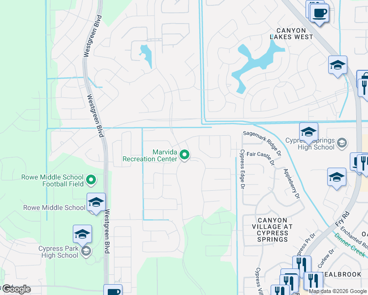 map of restaurants, bars, coffee shops, grocery stores, and more near Longenbaugh Road in Cypress