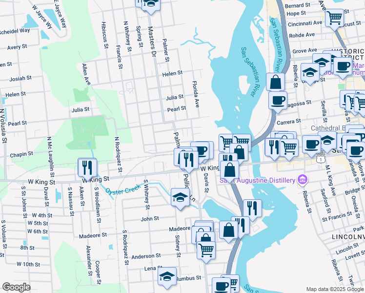 map of restaurants, bars, coffee shops, grocery stores, and more near 21 Palmer Street in St. Augustine