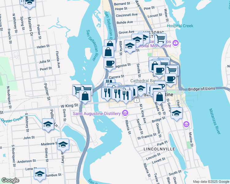 map of restaurants, bars, coffee shops, grocery stores, and more near 135 Oviedo Street in St. Augustine