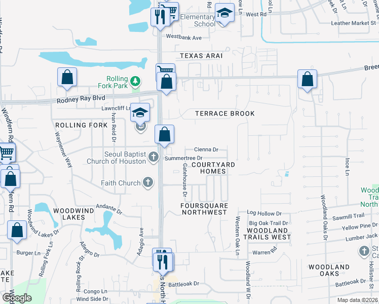 map of restaurants, bars, coffee shops, grocery stores, and more near 8431 Cienna Drive in Houston