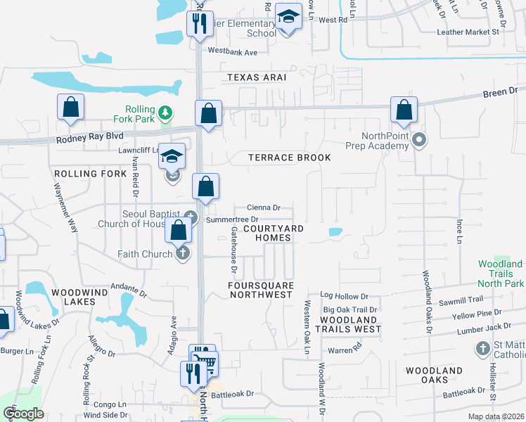map of restaurants, bars, coffee shops, grocery stores, and more near 8403 Summertree Drive in Houston