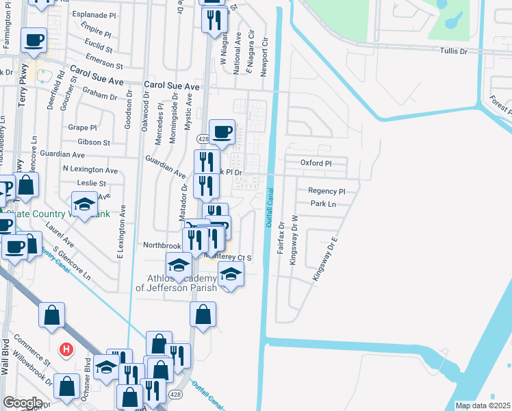 map of restaurants, bars, coffee shops, grocery stores, and more near 2916 North Monterey Court in Terrytown