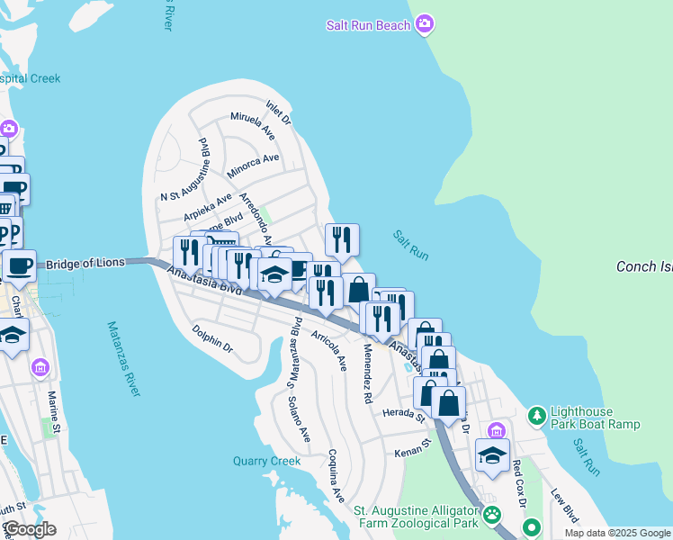 map of restaurants, bars, coffee shops, grocery stores, and more near 32 Comares Avenue in St. Augustine