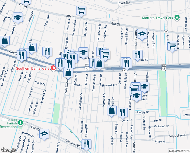 map of restaurants, bars, coffee shops, grocery stores, and more near 1009 Garden Road in Marrero