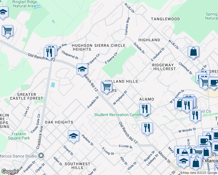 map of restaurants, bars, coffee shops, grocery stores, and more near 116 A B Coers Circle in San Marcos