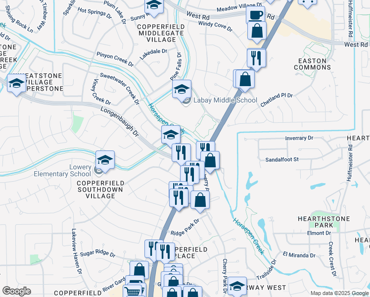map of restaurants, bars, coffee shops, grocery stores, and more near 15800 Longenbaugh Drive in Houston