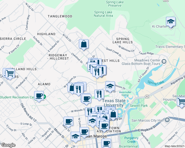 map of restaurants, bars, coffee shops, grocery stores, and more near 817 Chestnut Street in San Marcos
