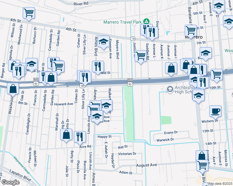 map of restaurants, bars, coffee shops, grocery stores, and more near 6109 3rd Avenue in Marrero