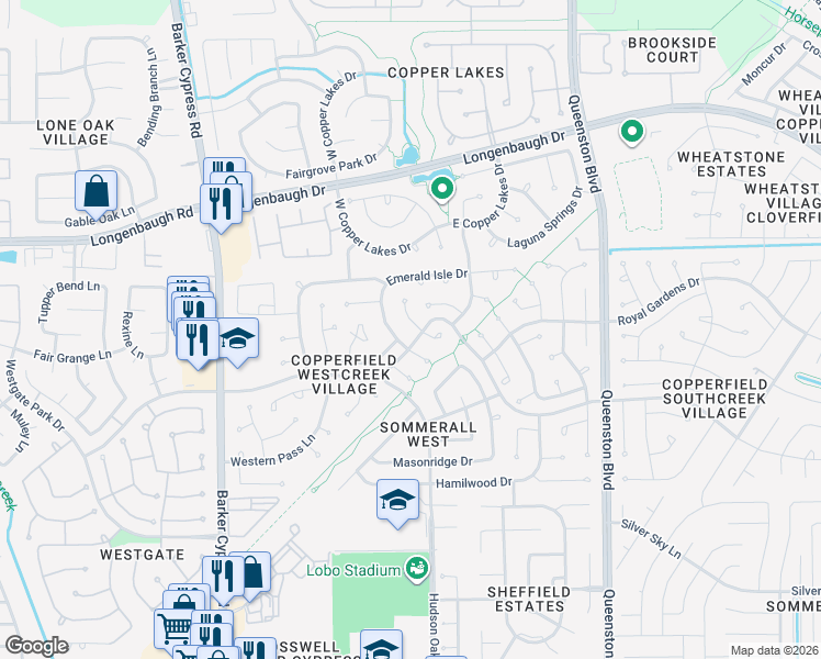 map of restaurants, bars, coffee shops, grocery stores, and more near 7814 Feather Springs Drive in Houston