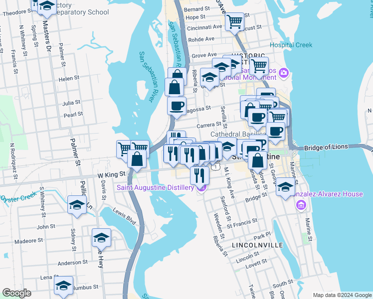 map of restaurants, bars, coffee shops, grocery stores, and more near 135 Oviedo Street in St. Augustine