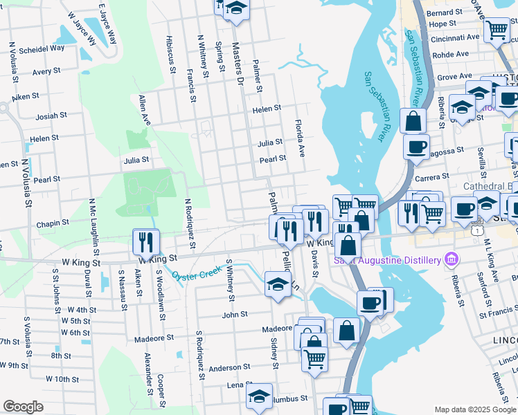 map of restaurants, bars, coffee shops, grocery stores, and more near 80 Fred Waters Way in St. Augustine