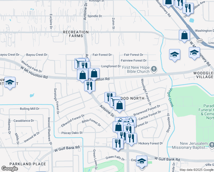 map of restaurants, bars, coffee shops, grocery stores, and more near 8715 Victoria Forest Drive in Houston