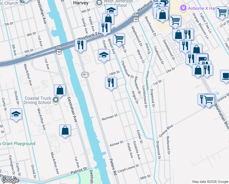 map of restaurants, bars, coffee shops, grocery stores, and more near 1334 Estalote Avenue in Harvey