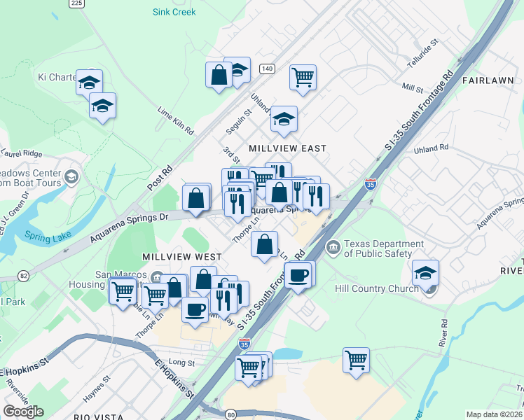 map of restaurants, bars, coffee shops, grocery stores, and more near Aquarena Springs Drive in San Marcos
