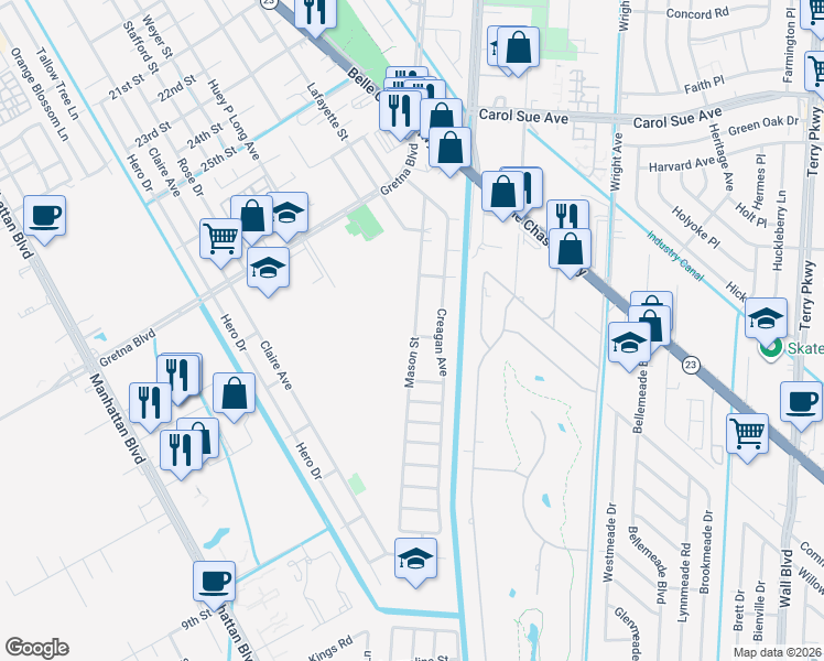 map of restaurants, bars, coffee shops, grocery stores, and more near 56 Mason Street in Gretna