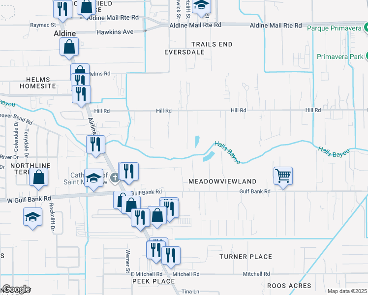 map of restaurants, bars, coffee shops, grocery stores, and more near 13501 Courrege Lane in Houston