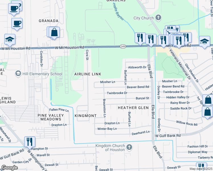 map of restaurants, bars, coffee shops, grocery stores, and more near 2162 Mosher Lane in Houston