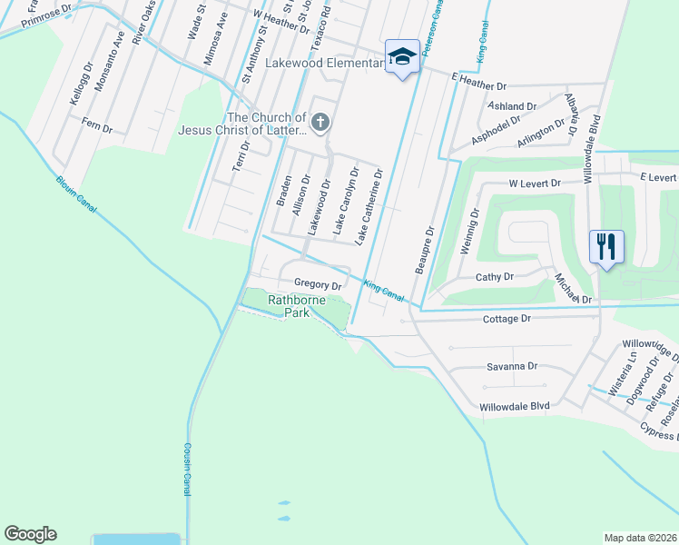 map of restaurants, bars, coffee shops, grocery stores, and more near 219 Lake Catherine Drive in Luling