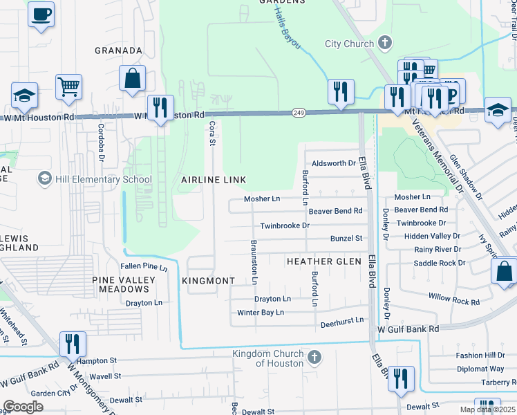 map of restaurants, bars, coffee shops, grocery stores, and more near 2162 Mosher Lane in Houston