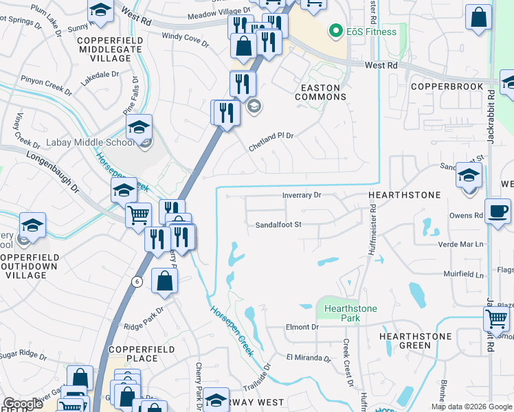 map of restaurants, bars, coffee shops, grocery stores, and more near 14966 Inverrary Drive in Houston