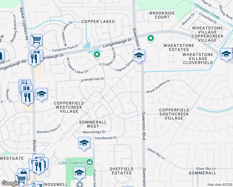 map of restaurants, bars, coffee shops, grocery stores, and more near 17218 Mesa Springs Court in Houston